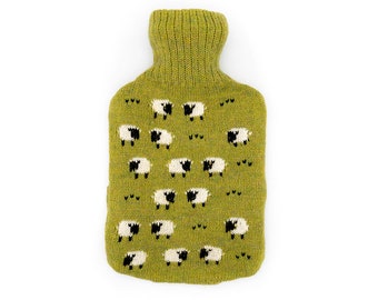Knitted Lambswool hot water bottle cover with grazing sheep design
