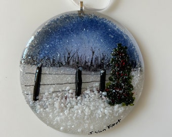 Fused glass ornament scenes for Christmas or to enjoy all year.  Handmade from an original design and signed by the artist.