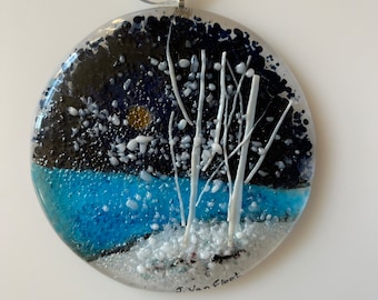 Fused glass ornament scenes for Christmas or to enjoy all year.  Handmade from an original design and signed by the artist.