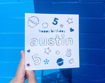 5th Birthday Card, Custom Birthday Card, Personalized Gift, Card for Kid, Line Art, Custom Name, Birthday Girl Gift, Hand Cut Card