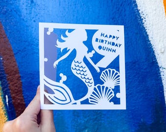 Mermaid Birthday Card, Custom Gift for Girl, 1st Birthday Card, Seashell Art, Niece Gift from Aunt, Under the Sea Birthday, Hand Cut Card