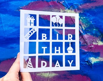 Happy Birthday Greeting Card, Birthday Hat, Birthday Balloons, Gift for Friends Birthday, Kids, Cupcake Card, Birthday Party, Hand Cut Card