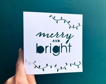 Merry and Bright Card, Christmas Greeting Card, Xmas Gift for Women, Card for Kid, Happy Holidays, Christmas Tree Lights, Hand Cut Card