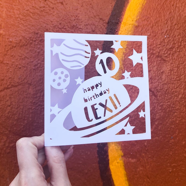 Birthday Card for Kids, Happy Birthday Card, Custom Age Birthday Card, Personalized Name Cards, Outer Space 1st Birthday, Hand Cut Card image 3