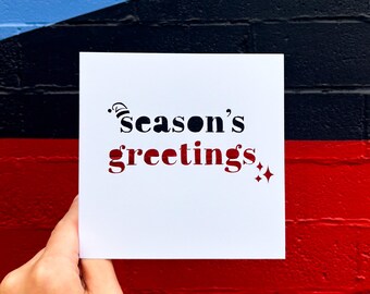 Seasons Greetings Card, Christmas Card for Wife, Holiday Gift for Client, Card for Coworker, for Kids, Merry Xmas, Santa Hat, Hand Cut Card