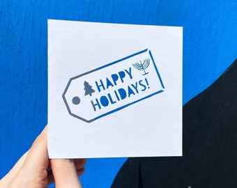 Happy Holidays Card, Holiday Gift Tag, Christmas Tree Card, Happy Hanukkah, Holiday Gift for Family, Hanukkah Menorah, Hand Cut Card