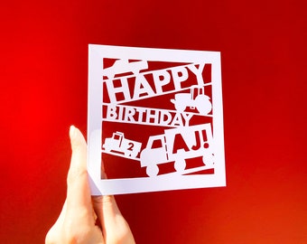 Birthday Boy Card, Truck Birthday Party, Personalized Birthday Card, 1st Birthday Card, Card for Child, Grandson Gifts, Hand Cut Card