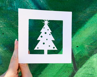 Hand Cut Christmas Tree Card, Merry Christmas Greeting Card, Xmas Tree Card, Gift for Christmas, Happy Holidays Card, Handmade Card
