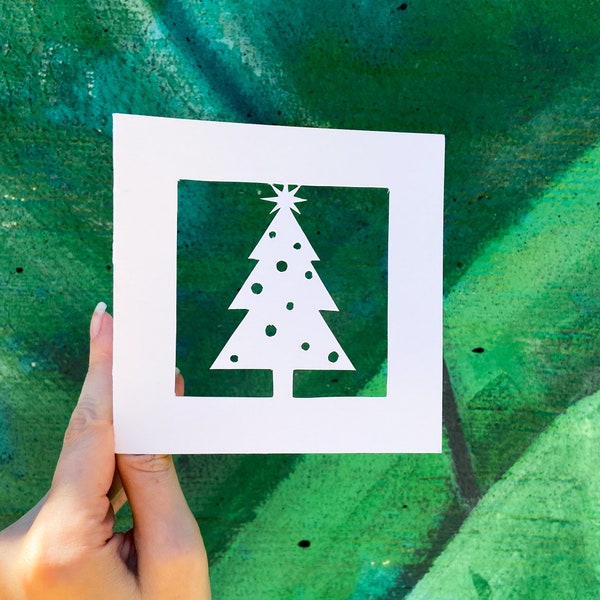 Hand Cut Christmas Tree Card, Merry Christmas Greeting Card, Xmas Tree Card, Gift for Christmas, Happy Holidays Card, Handmade Card