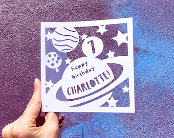 Birthday Card for Kids, Happy Birthday Card, Custom Age Birthday Card, Personalized Name Cards, Outer Space 1st Birthday, Hand Cut Card