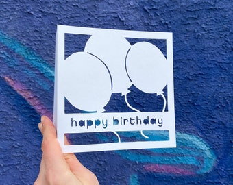 Birthday Balloons Card, Happy Birthday Greeting Card, Balloons Card for Kid, Bday Card for Her, Handmade Card for Boy, Hand Cut Card