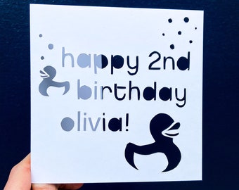 Rubber Duck Card, 1st Birthday Gift, Personalized Birthday Card, Rubber Duck Theme Party, Custom Birthday Card, Card for Kids, Hand Cut Card