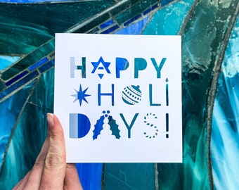 Holiday Greeting Card, Christmas Card, Festive Gift, Happy Holidays, Hanukkah Card, Gift for Friend, Mistletoe Card, Hand Cut Card