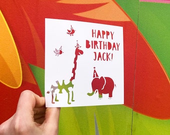 Animal Birthday Card, Zoo Birthday, Custom Birthday Card, Gift for Birthday Boy, Personalized Card, 1st Birthday Card, Hand Cut Card