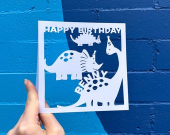 Dinosaurs Birthday Card, Gift for Son, Birthday Boy Card, Custom Name Card, Personalized Gift for Kids, 5th Birthday Card, Hand Cut Card