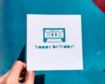 Custom Music Birthday Card, 50th Birthday Gift for Men, Music Lover Gift, Vintage Cassette Tapes, Music Track Theme Party, Hand Cut Card