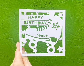 Roller Skate Birthday Card, Personalized Gifts for Kids, Retro, Roller Derby Gifts, 10th Birthday Card, Custom Birthday Card, Hand Cut Card