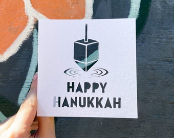 Happy Hanukkah Card, Hanukkah Dreidel, Chanukah Gift, Jewish Art, for Kids, Holiday Greeting Card, Handmade Holiday Card, Hand Cut Card