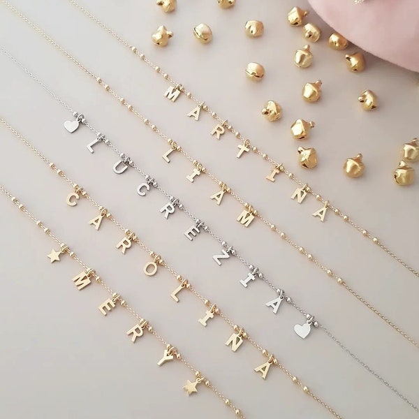 Collana Nome Letterine Argento 925 personalizzata con lettere e cuoricini o stelle.