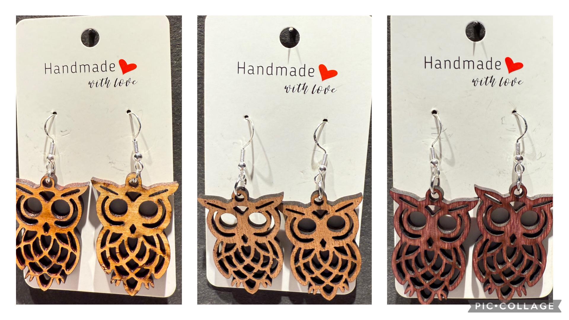owl earrings - laser cut out of wood - silver