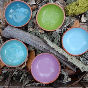 May include: Four small ceramic bowls in different colors: light blue, green, pink, and a darker blue. The bowls are arranged in a wooden box filled with dried moss and twigs.