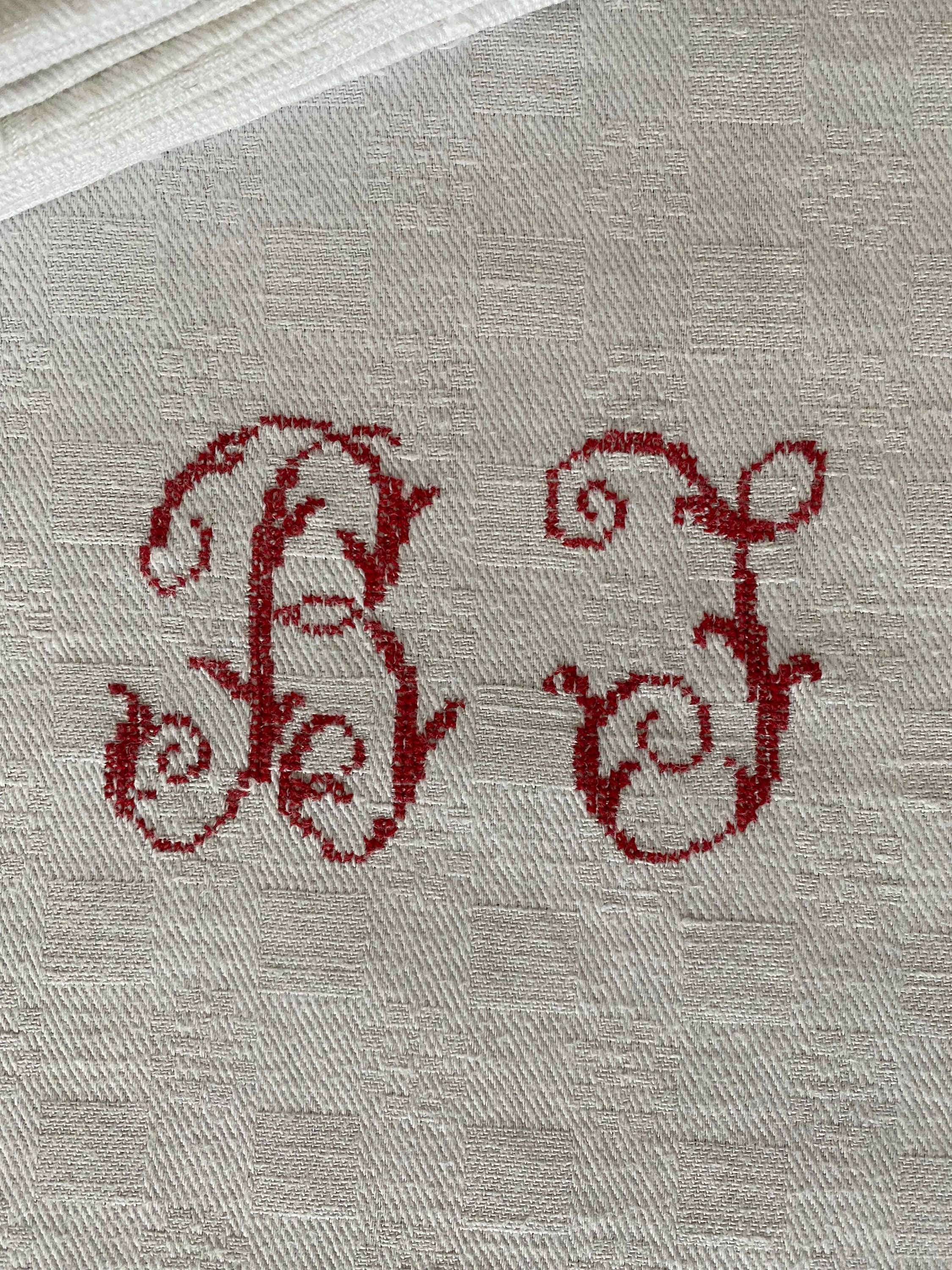 Large Damasked Fabric Napkin , Handmade Embroidered Monogram Bj