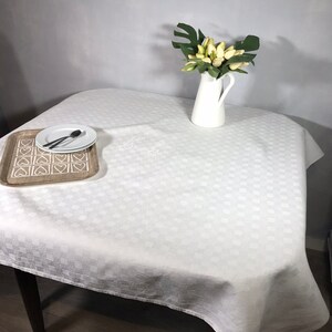 Shabby white tablecloth , on a damasked linen fabric checked pattern , handmade embroidered AL , 53X49 inches image 4