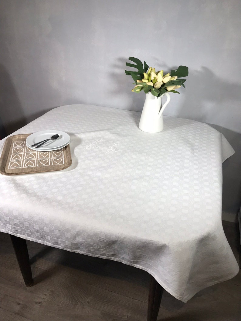 Shabby white tablecloth , on a damasked linen fabric checked pattern , handmade embroidered AL , 53X49 inches image 4