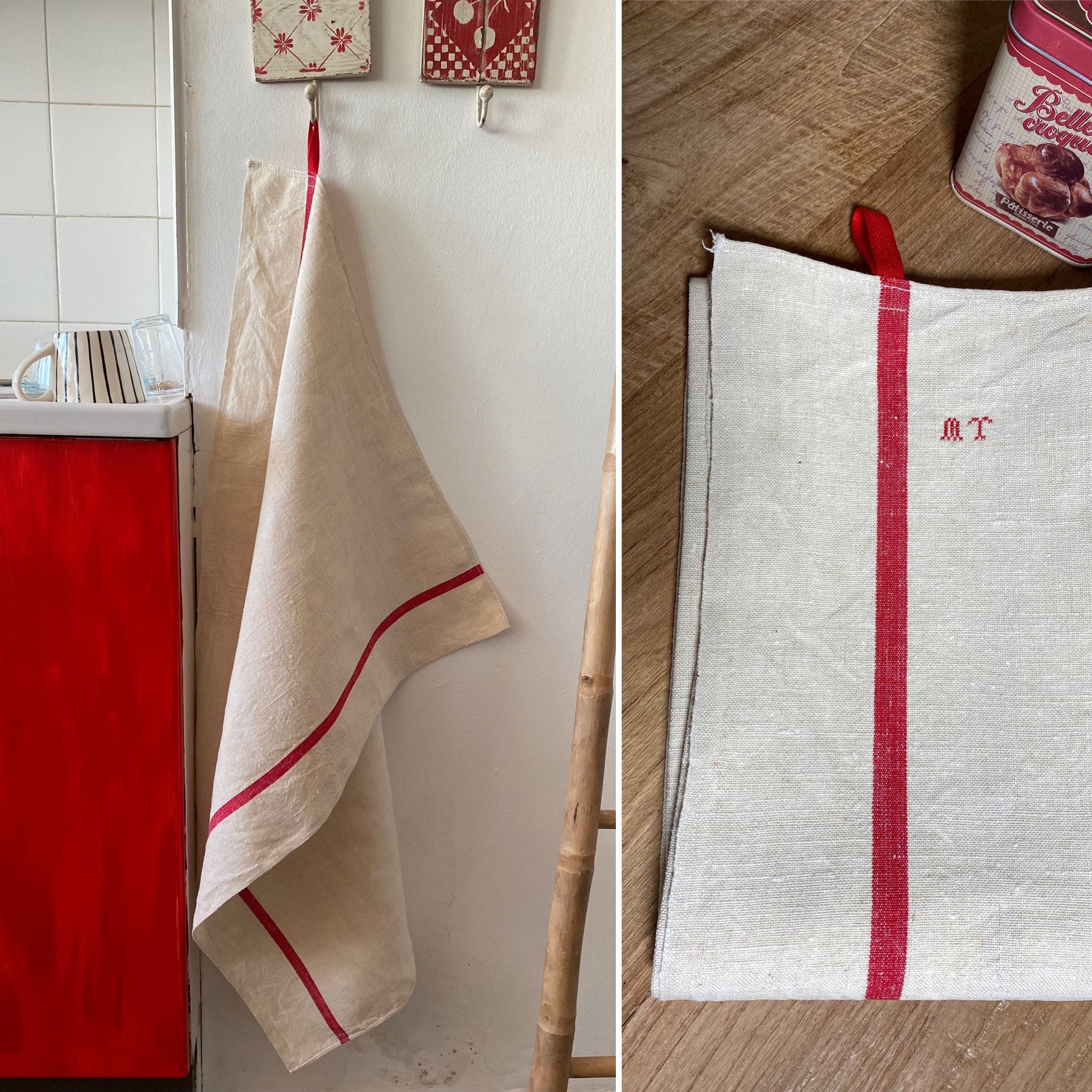 Large Antique Dish Towel, Shabby, 100% Linen Fabric, Monogram Mt Cross Stitch Small