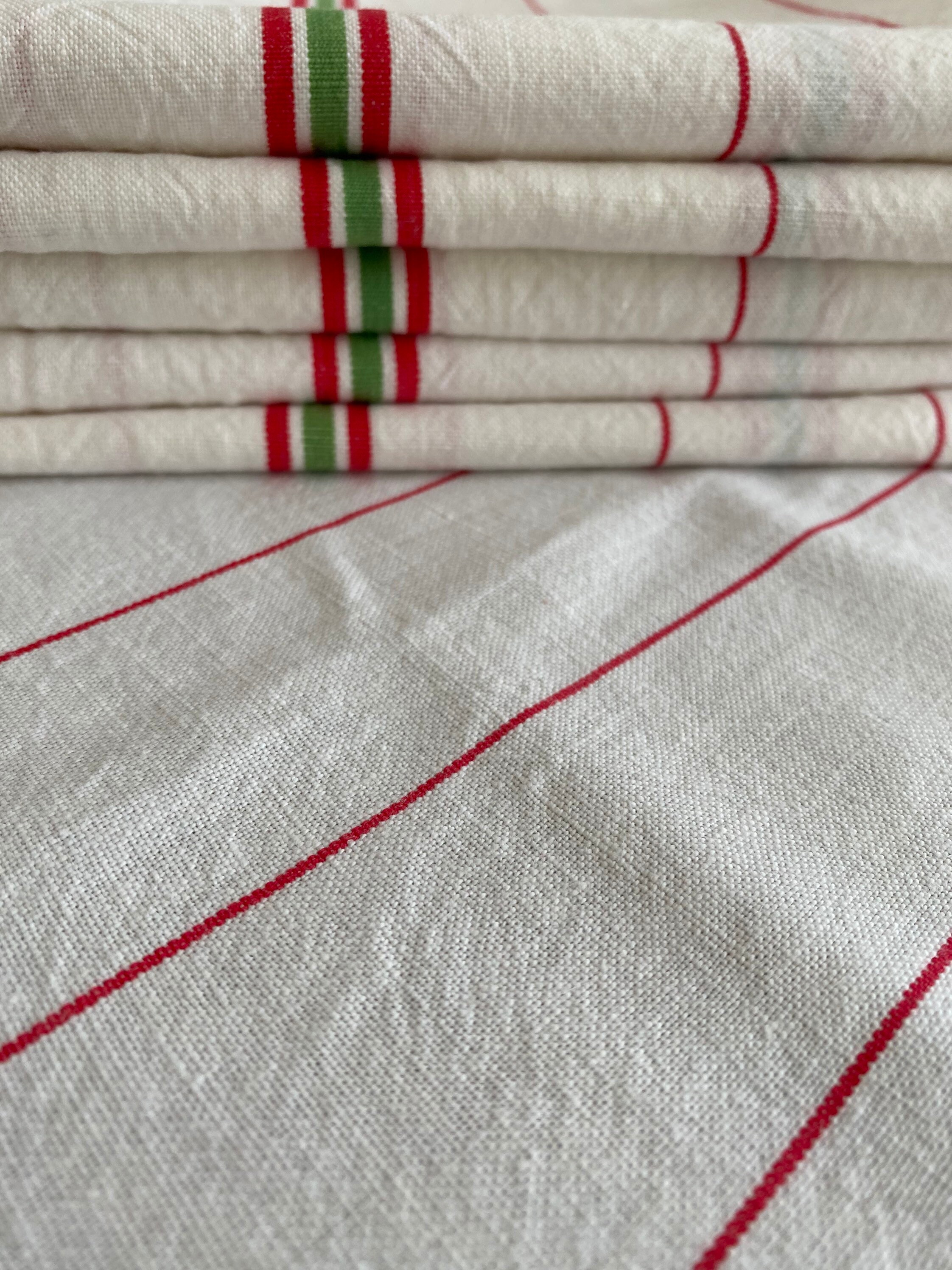 Fine Linen Fabric Dish Towel, Red & Green Striped