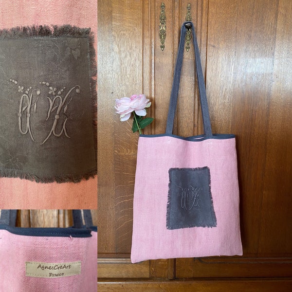 Tote bag made of old French linen, handmade embroidered monogram AC,