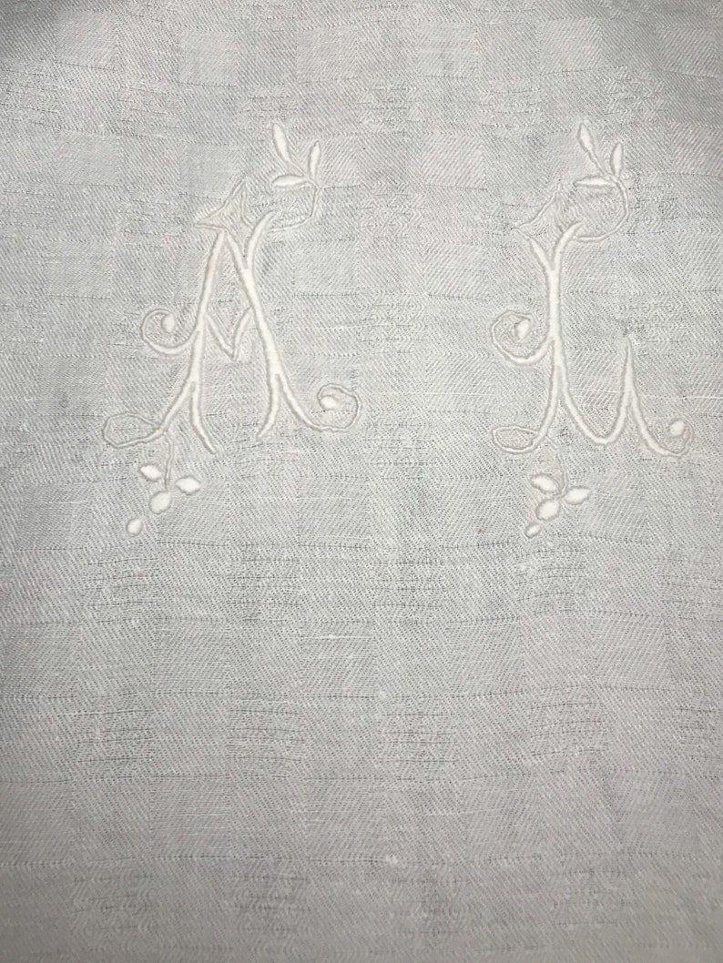 Shabby white tablecloth , on a damasked linen fabric checked pattern , handmade embroidered AL , 53X49 inches image 7