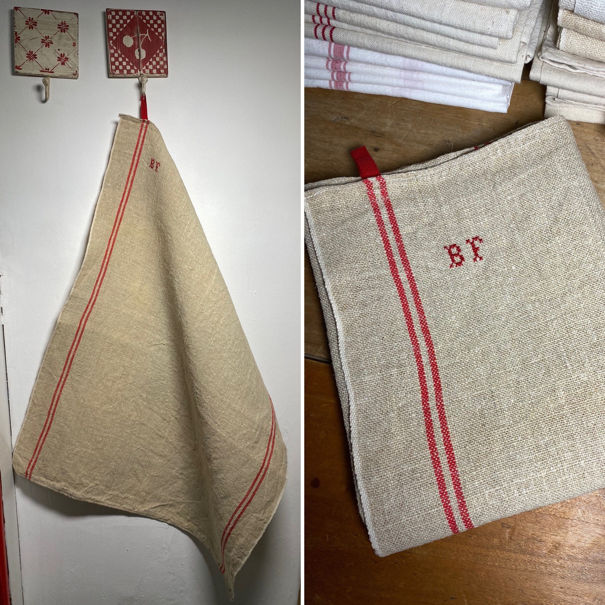 Large Antique Dish Towel, Chanvre & Linen Fabric, Monogram Bf