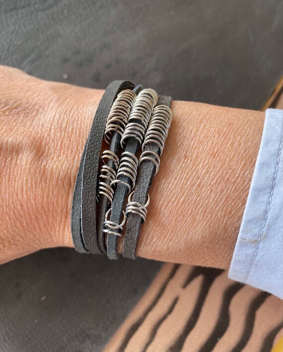 Leather bracelet 5 links embellished with rings magnetic clasp Etsy France