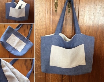 Little bag made of antic dyed blue linen and grey linen fabric : blue lined grey