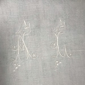 Shabby white tablecloth , on a damasked linen fabric checked pattern , handmade embroidered AL , 53X49 inches image 2