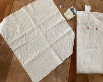 Antique dishtowel / set, shabby, raw linen fabric