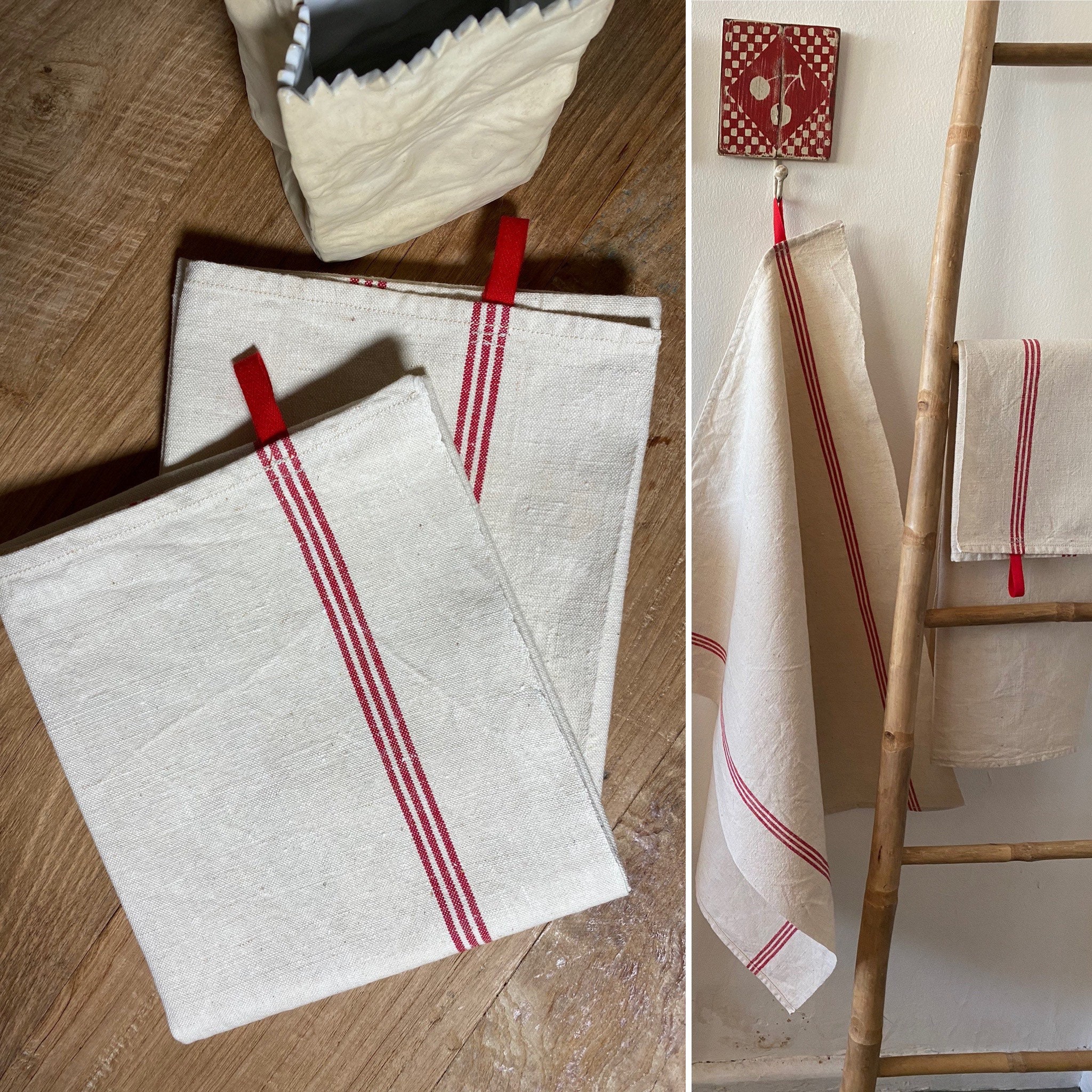 2 Antique Dish , 3 Red Striped, Linen Fabric