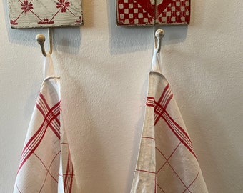 Antique linen fabric dishtowel, checked pattern