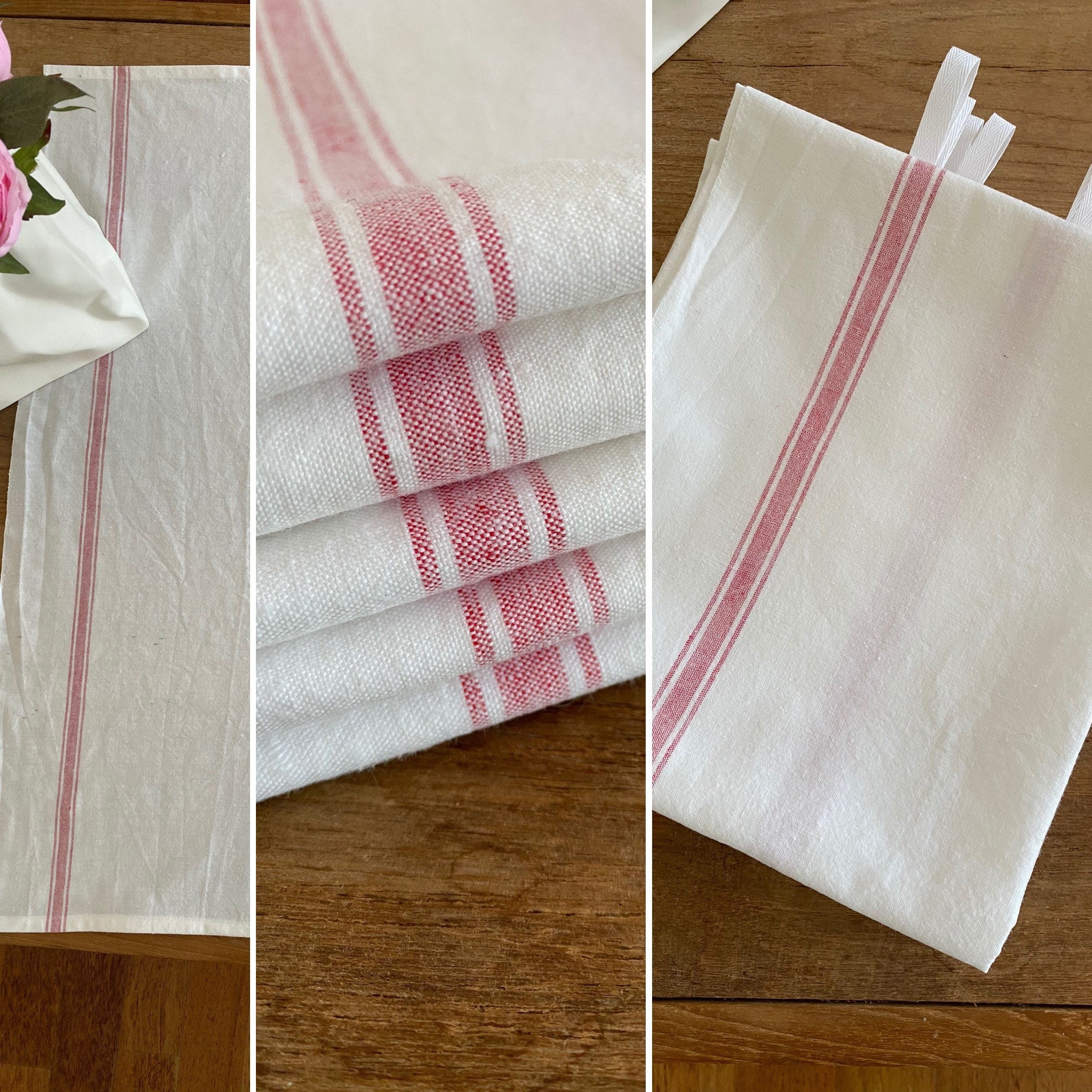 Antique Dish Towel , White/Pink Striped, Worn Out