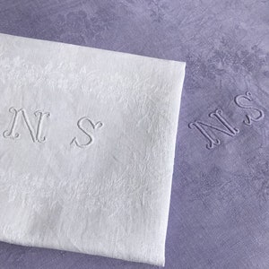 Large antic napkin, NS monogram, handmade embroidery, on a damask cotton, white