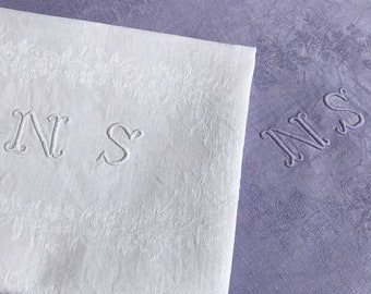 Large antic napkin, monogram NS , handmade embroidery, on a damasked cotton, white