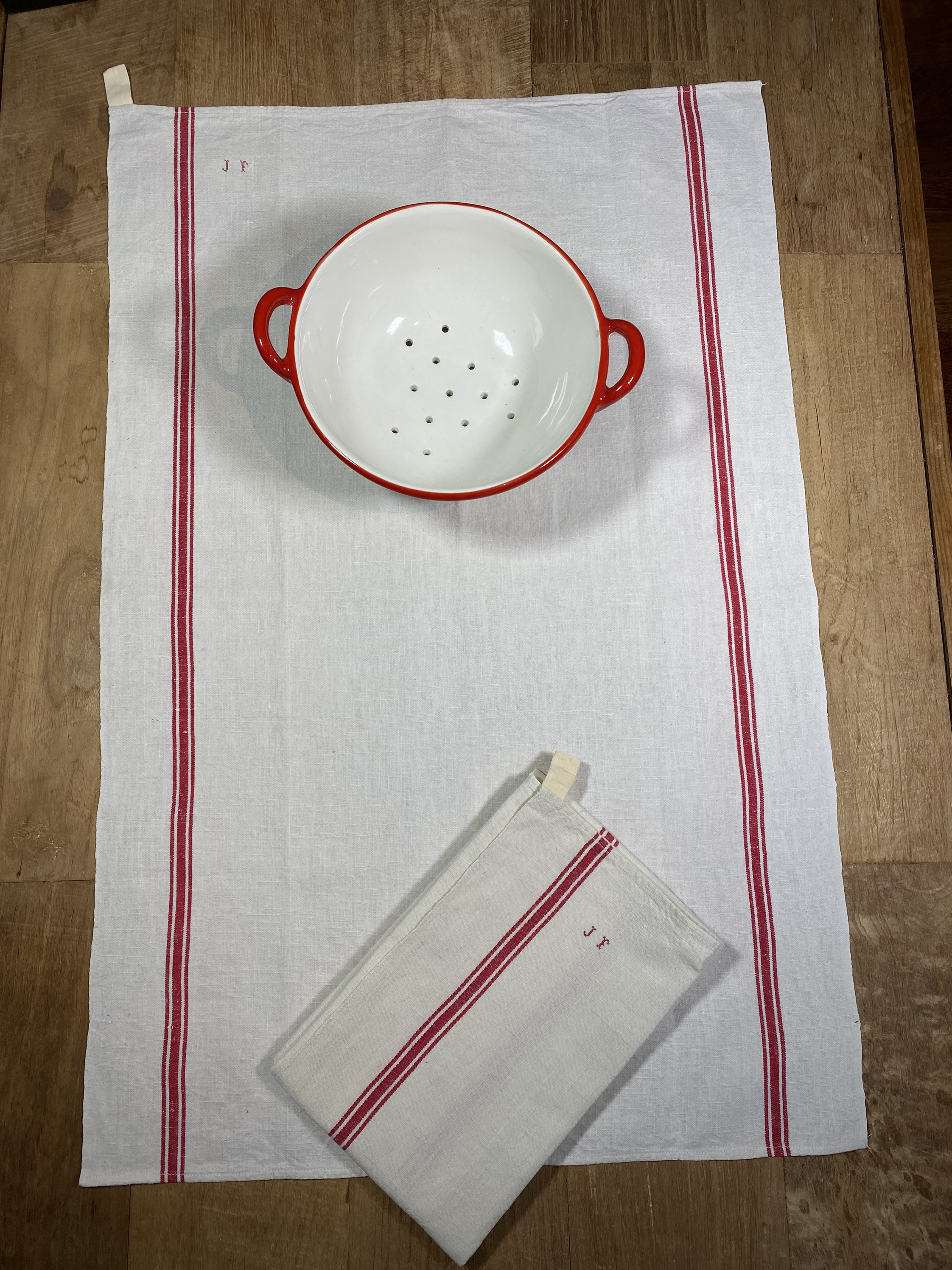 Set Of 2 Dish Towels, White Striped Red, Small Cross Stitch Monogram Jf, Linen Fabric