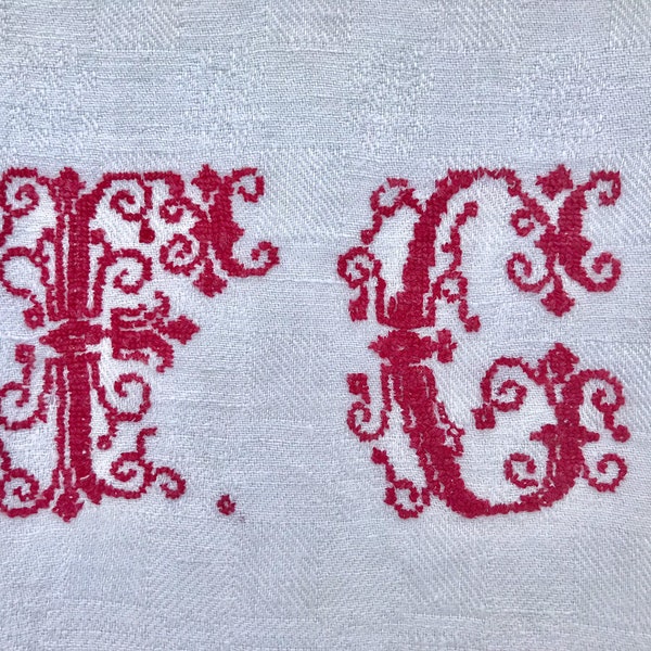 Hand towel 1930s handmade embroidered monogram FC red cross stitch