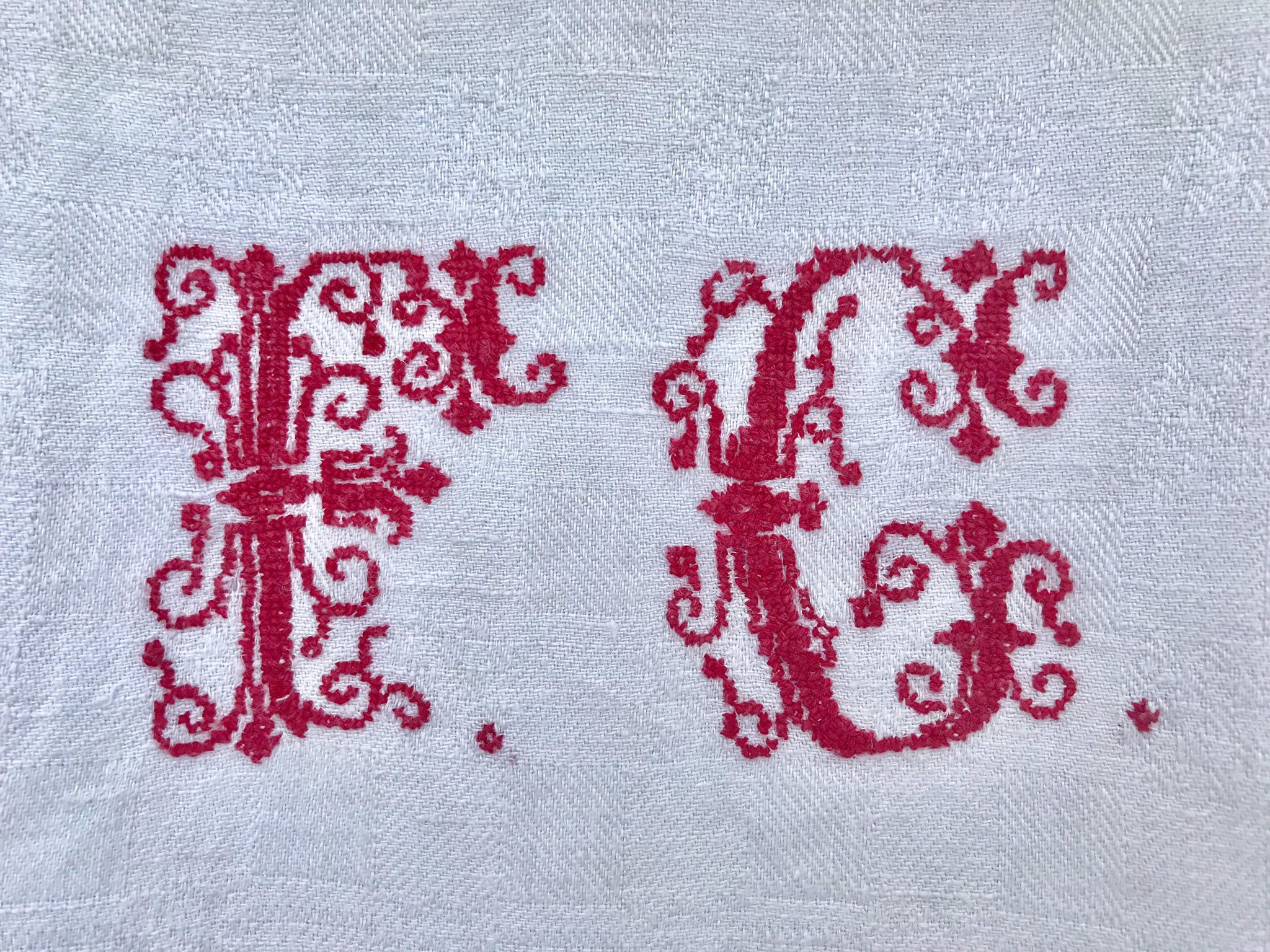 Hand Towel 1930S Handmade Embroidered Monogram Fc Red Cross Stitch