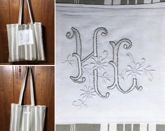 Tote bag made of ticking, with a monogram HC or HJ ( napkin handmade embroidered 1940s )