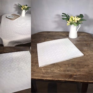 Shabby white tablecloth , on a damasked linen fabric checked pattern , handmade embroidered AL , 53X49 inches image 1