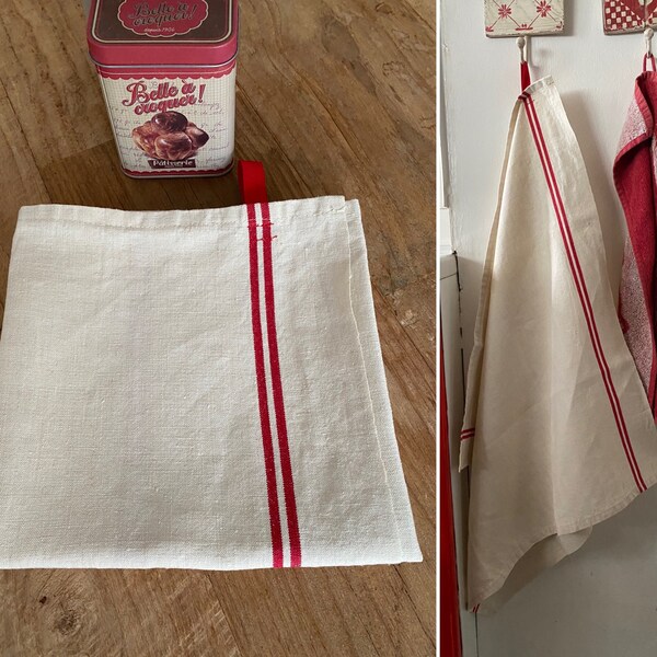 linen fabric tea towel , red striped