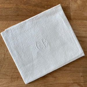 Large napkin, handmade embroidered monogram CB, on damasked cotton