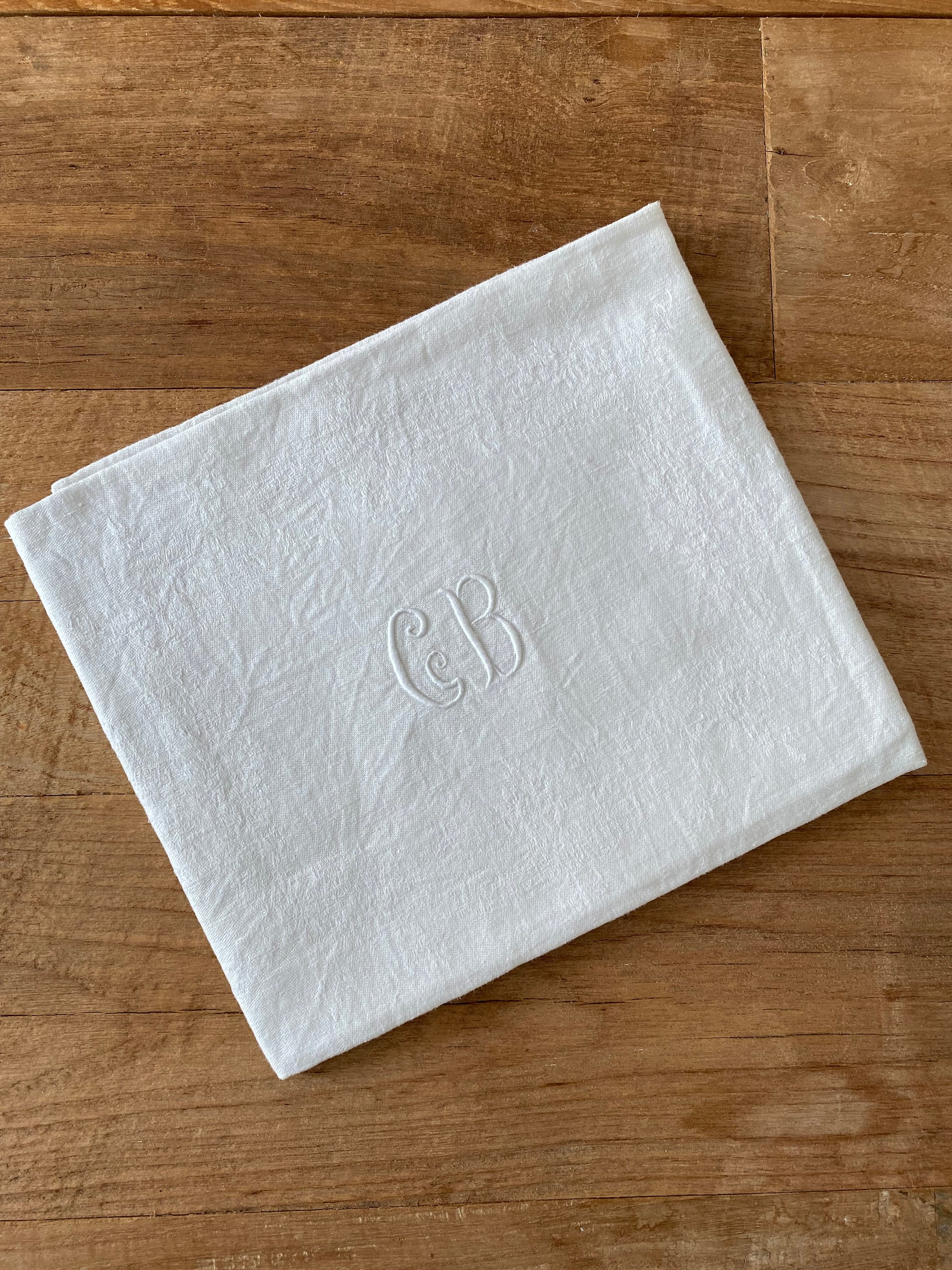 Large Napkin, Handmade Embroidered Monogram Cb , On Damasked Cotton